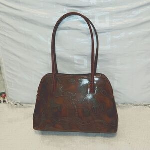 Alexander Equestrian/horse tooled brown leather vintage shoulder bag